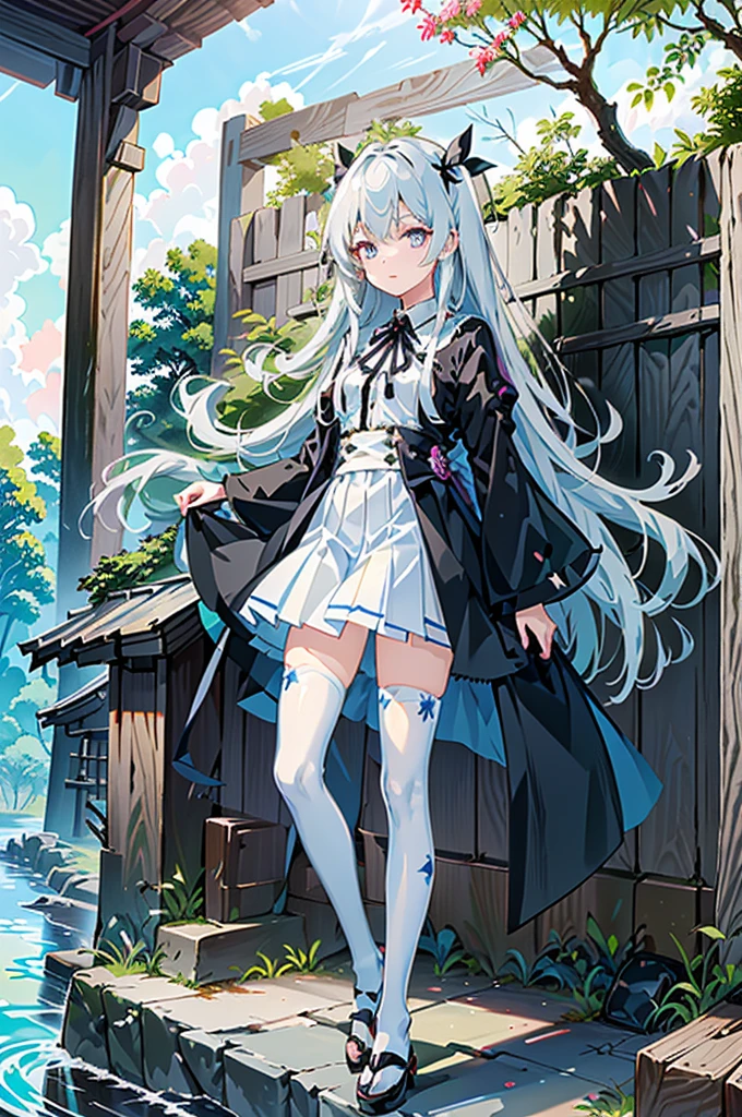 1girl,  solo, outdoors, long hair, holy place, Original,(Illustration:1.1),(Best Quality),(masutepiece:1.1),(the Extremely Detailed CG Unity 8K Wallpapers:1.1), (Colorful:0.9),(mid-shot:0.95),(extremely detailed beautiful face),(Solo:1.2), (girl),(((Lori))), (Detailed beautiful eyes:1.15), (Beautiful face:1.15), (Glowing blue eyes:1.25////),(((sky blue Long Hair))),(two side up),(+perfect hand+:1.21),(Draw illustration of Japan priestess costume),(slender),(White pleated skirt),(Gothic),((black thighhighs)),(frilld),(Beautiful Slender Lolita Girl),hallowween,standing, girl,10 years old,  girl,foggy place,