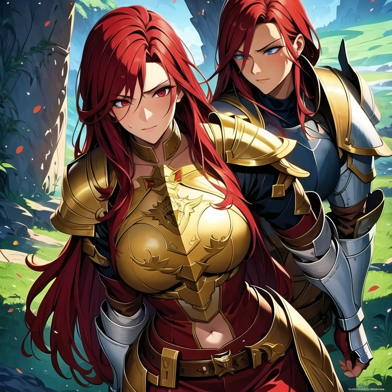 a beautiful woman standing, with pretty pant legs, showing the whole body, adventurer with brown hair wearing full armor, detailed armor, face detailed, Eyes red. red detailed, detailed skin texture, detailed hair, highly detailed facial features, dramatic lighting, film composition, epic fantasy, digitalpainting, conceptual artwork, best qualityer, Masterpiece artwork, dynamic pose, full body