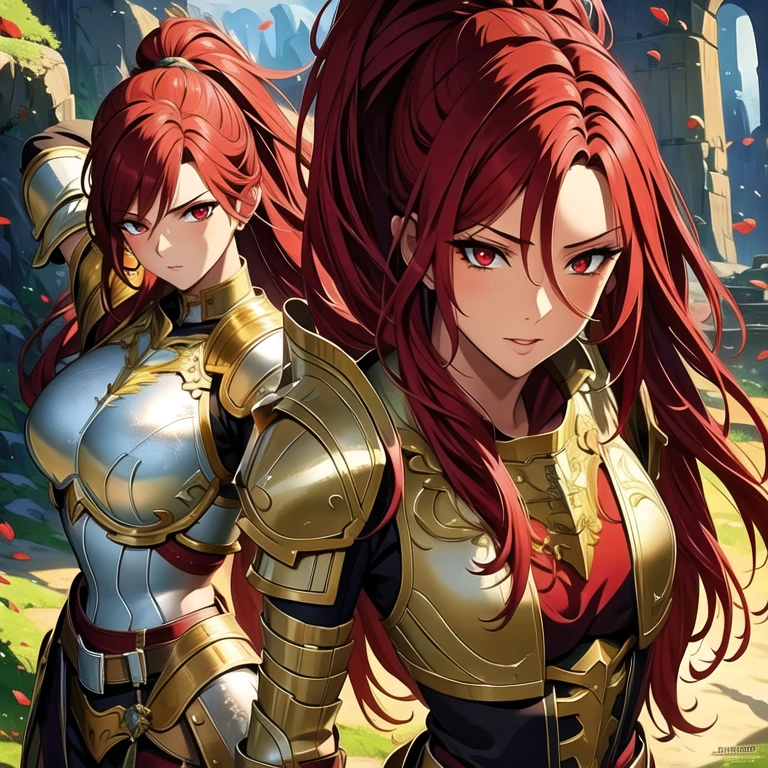 a beautiful woman standing, with pretty pant legs, showing the whole body, adventurer with brown hair wearing full armor, detailed armor, face detailed, Eyes red. red detailed, detailed skin texture, detailed hair, highly detailed facial features, dramatic lighting, film composition, epic fantasy, digitalpainting, conceptual artwork, best qualityer, Masterpiece artwork, dynamic pose, full body