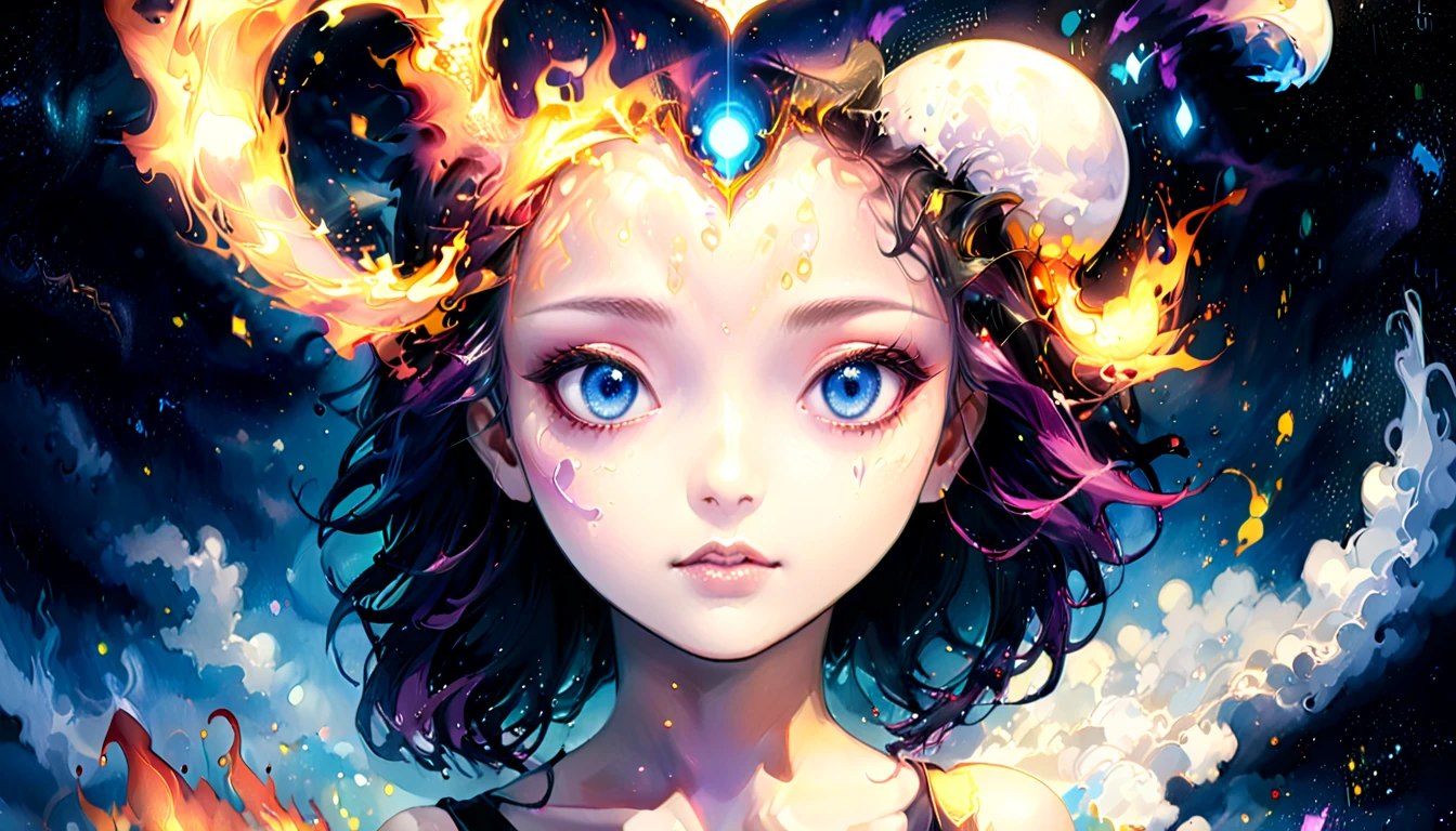 Alta resolución, alta calidad , obra maestra .Dibujo a tinta hiperrealista con colores surrealistas., elementos del absurdo al estilo de Ross Tran con sobres postales en llamas como referencia a Roby Dwi Antono, letras, corazones rotos, calaveras, y una clave de sol ascendiendo hacia un cielo estrellado, Iluminación de claroscuro que realza los símbolos del amor fallecido., una luna adornada con ojos que emiten un aire de melancolía, estado de ánimo atmosférico. 