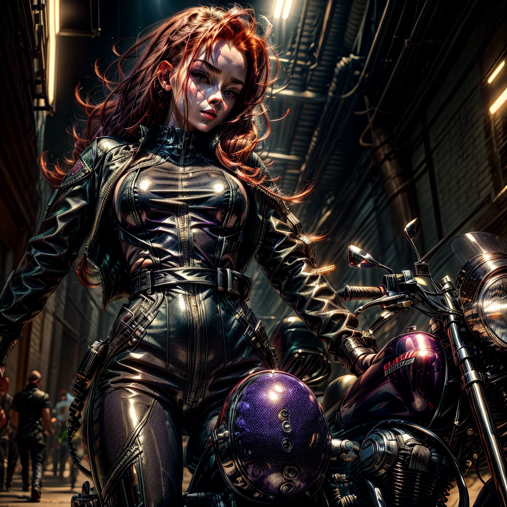 The image you describe is captivating and full of mystery.. The girl on the motorcycle, with its futuristic appearance and shiny chains, becomes an enigma on the night streets. His body wrapped in a purple and black jumpsuit, His green eyes shining with passion and obedience, and his red hair blowing in the wind as he accelerates on his cyberpunk motorcycle. In this world where technology and passion intertwine, she is both slave and confidant, Carrying out orders under the flashing city lights. His figure becomes a legend as he walks through the dark streets.