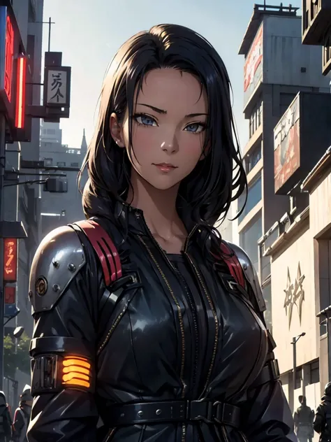 Beautiful hyperrealistic photograph of cute smiling Japanese cyberpunk female, wearing (((cyberpunk armor))), (((combat harness)...