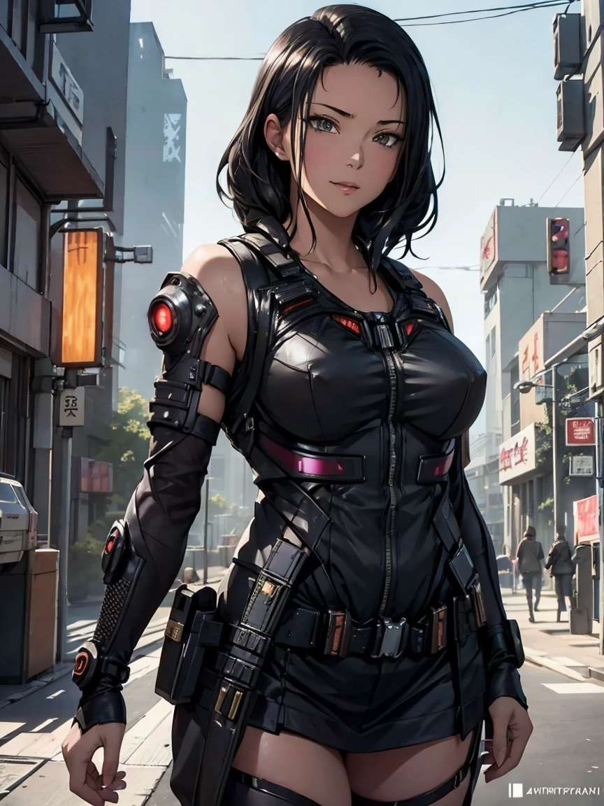 Beautiful hyperrealistic photograph of cute smiling Japanese cyberpunk female, wearing (((cyberpunk armor))), (((combat harness))), shapeless cyberpunk hair, elegant pose, cyberpunk street background, abstract beauty, near perfection, pure form, Golden Ratio, minimalism, concept art, By Brian Froud and Carne Griffiths and Wadim Kashin, intricate detail, 8k post-production, High resolution, super Detail, trending on ArtStation, sharp focus, studio photos, intricate detail, Very detailed, By Greg Rutkowski