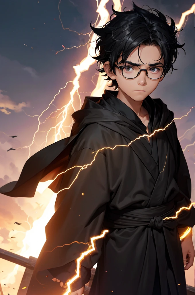 13-year-old boy, Short, unkempt hair, Black Hair, Round black-rimmed glasses, Lightning bolt scar on forehead, Black Robe