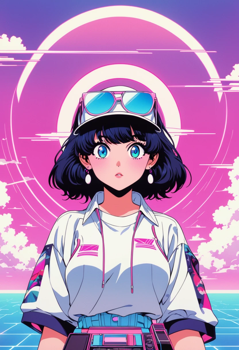 Imagine an artwork full of 80s vaporwave aesthetics, Heavily influenced by Yoko Honda&#39;s vivid art style, But taking a minimalist approach. Imagine a retro-futuristic beach and pool scene at sunset, The sky glows a rich orange, pink, and red – the color reflected in calm waters and ponds, Create captivating visuals. Around the pool, Palm and coconut trees sway gently under neon lights, The tropical and otherworldly ambience is enhanced by a sparse yet striking layout. Geometric neon lights give off a surreal glow, Light the scene with minimal but effective lighting. The environment includes stylish, Simple beachfront bar, Visible through the large glass windows. in, The walls and floors of the bar are painted in pastel colors.，Decorated with luxurious terrazzo and marble textures, Create tactile and visually rich surfaces with Yoko Honda&#39;s signature texture brushes. This scene combines vintage luxury and vitality, Warm tones in minimalist compositions, The scenes created are not only eternal，And it reminds me of the 80s，And stay true to Yoko Honda&#39;s style.