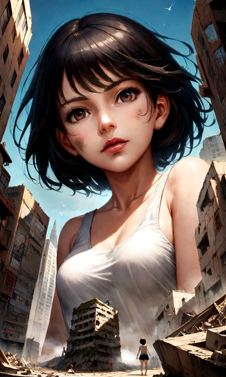 Size fetish illustration、giantess、Giantess、A woman taller than a building、Giant Woman Attacks、Small breasts、Realistic、anime、リアルanimeスタイル、short hair、Black Hair、Raise your giant legs、Dirty soles、Tank top、Shorts、Cute woman、Beauty、model、Portrait、Destroyed rubble、Distant view of the city、Crush the building、Great impact、Destructive、A devastating world、Low - Angle