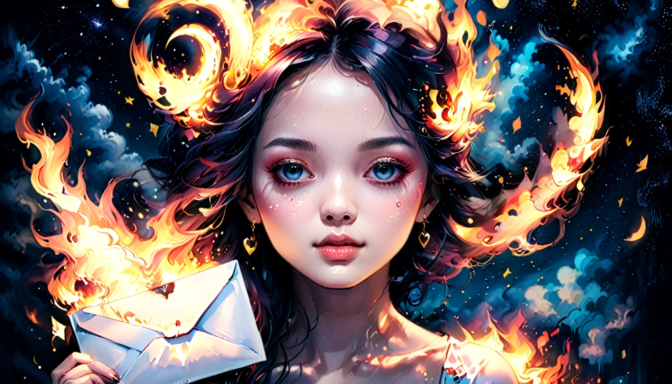 Alta resolución, alta calidad , obra maestra .Dibujo a tinta hiperrealista con colores surrealistas., elementos del absurdo al estilo de Ross Tran con sobres postales en llamas como referencia a Roby Dwi Antono, letras, corazones rotos, calaveras, y una clave de sol ascendiendo hacia un cielo estrellado, Iluminación de claroscuro que realza los símbolos del amor fallecido., una luna adornada con ojos que emiten un aire de melancolía, estado de ánimo atmosférico. 