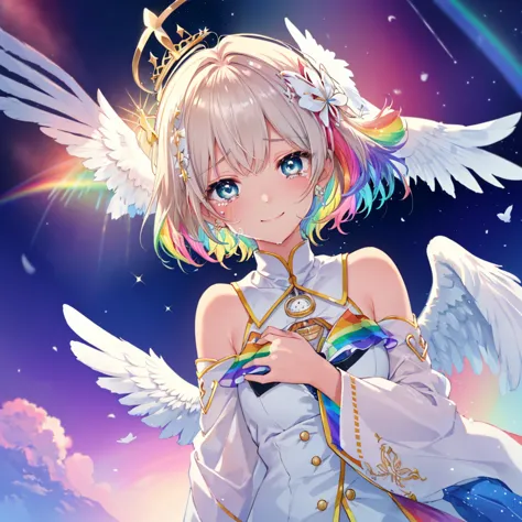 (((Extreme close-up　tears　smile　Low - Angle　Dove of peace　Angel Halo)))　((輝くtears　Rainbow Eyes　Short Hair　Receiving the light　Ra...