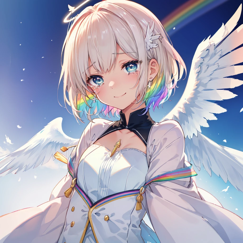 (((Extreme close-up　tears　smile　Low - Angle　Dove of peace　Angel Halo)))　((輝くtears　Rainbow Eyes　Short Hair　Receiving the light　Rainbow light　Place your hand on your chest　Aurora　Stretch your hand out towards me))　(Shining Edge　　Pillar of Light)
