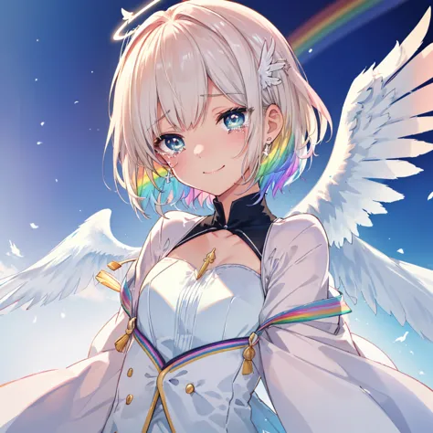 (((Extreme close-up　tears　smile　Low - Angle　Dove of peace　Angel Halo)))　((輝くtears　Rainbow Eyes　Short Hair　Receiving the light　Ra...