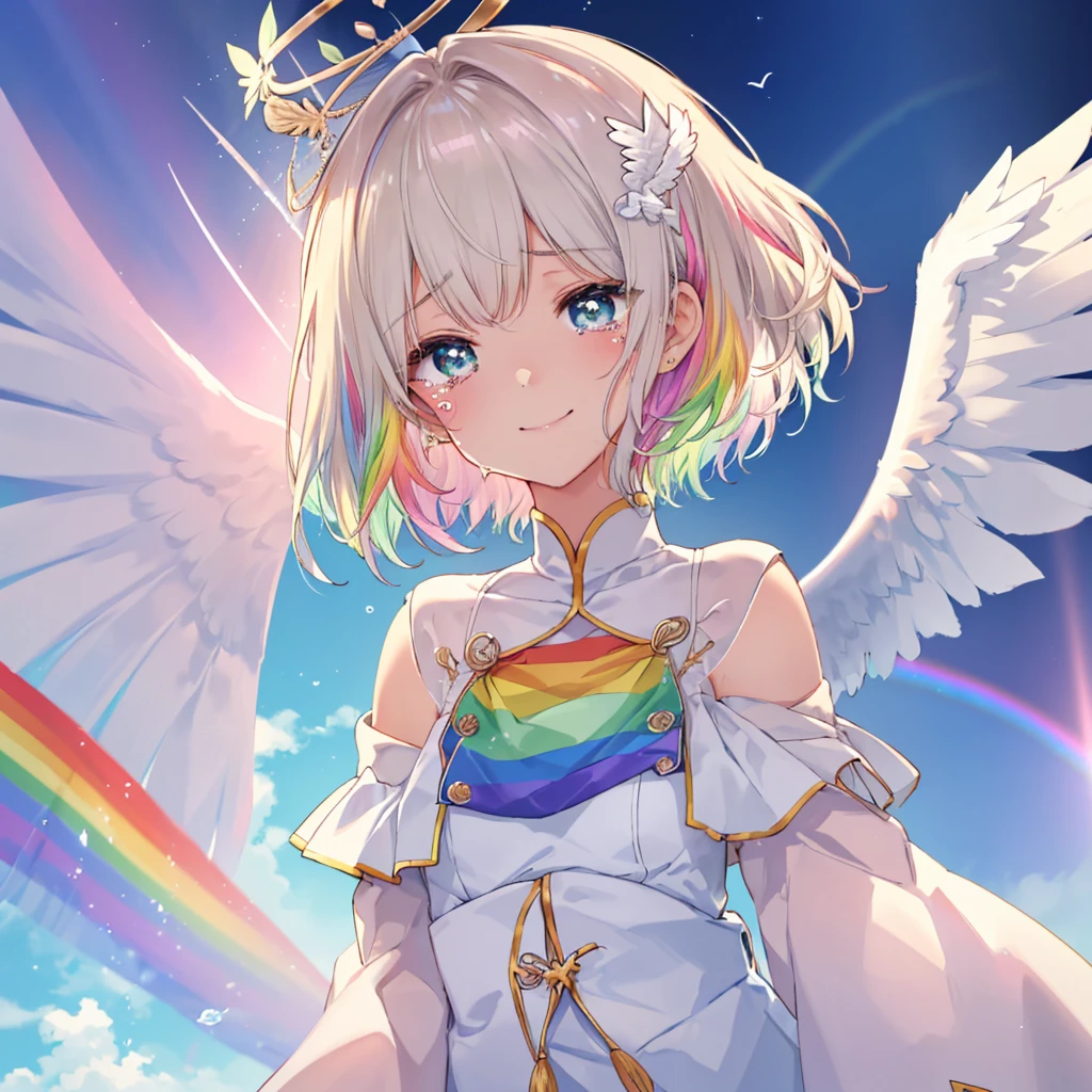 (((Extreme close-up　tears　smile　Low - Angle　Dove of peace　Angel Halo)))　((輝くtears　Rainbow Eyes　Short Hair　Receiving the light　Rainbow light　Place your hand on your chest　Aurora　Stretch your hand out towards me))　(Shining Edge　　Pillar of Light)