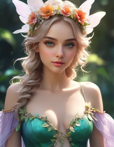 A woman in a green dress with a flower crown on her head, beautiful Fantasy Portrait, Digital fantasy art ), beautiful fantasy a...