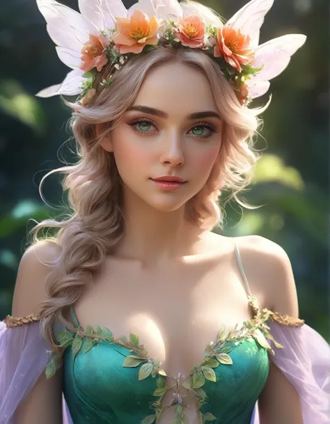 A woman in a green dress with a flower crown on her head, beautiful Fantasy Portrait, Digital fantasy art ), beautiful fantasy a...