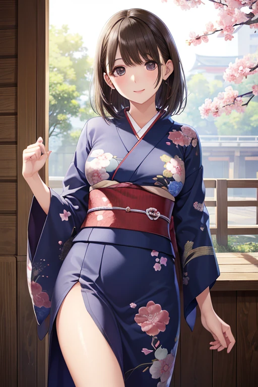 
anegasaki nene、Shiny brown hair, short hair, Beautiful brown eyes、smile、Sparkling eyes, (Fine grain)、Ultra-detailed eyes、Highly detailed face, Highly detailed eyes,

(masterpiece, High resolution, Highest quality, masterpiece, Highest quality:1.2), SFW,  

Historic Buildings in Japan、((Wearing a blue floral kimono、kimono))、Unreal Engine:1.4,Hmph,Highest quality:1.4, From photorealism:1.4, Skin Texture:1.4, masterpiece:1.8, 1. woman, Lift your hips high, Beautiful Eyes, The eyes are round, gem,  