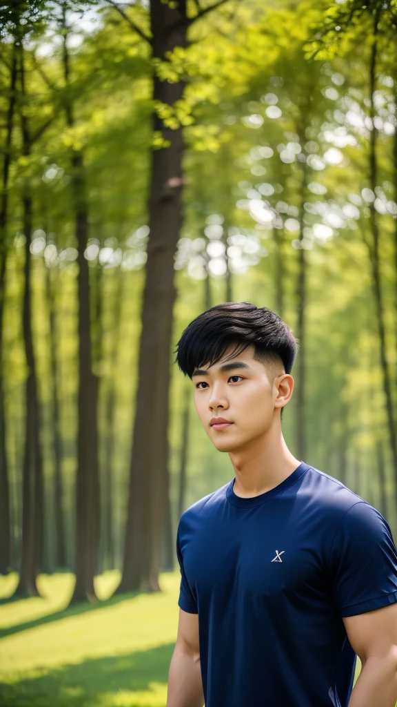 Best quality, offical wallpaper, 1boy, A sunny morning，grassy fields，ln the forest，Wearing navy t shirt,  Realistic, Photorealistic,  (EOS R8,50 millimeters,F1.2,8K,RAW photo:1.2), Bokeh ()