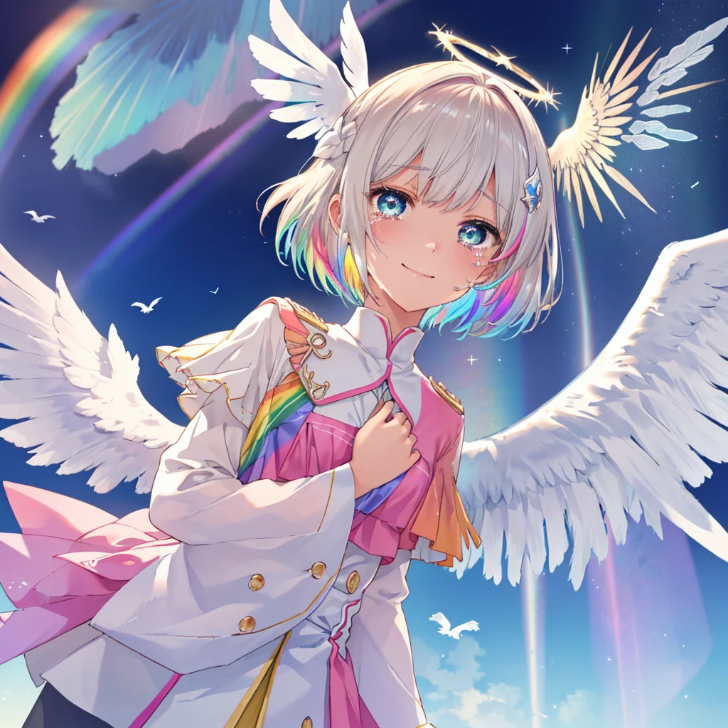 (((Extreme close-up　tears　smile　Low - Angle　Dove of peace　Angel Halo)))　((輝くtears　Rainbow Eyes　Short Hair　Receiving the light　Rainbow light　Place your hand on your chest　Aurora　Stretch your hand out towards me))　(Shining Edge　　Pillar of Light)