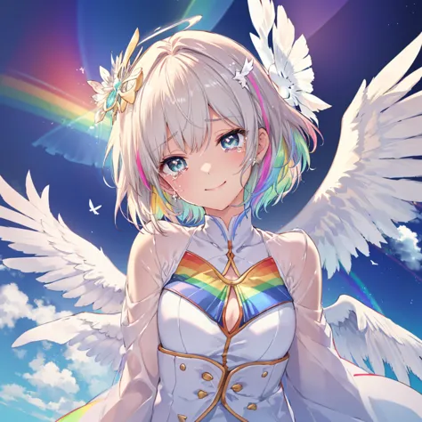 (((Extreme close-up　tears　smile　Low - Angle　Dove of peace　Angel Halo)))　((輝くtears　Rainbow Eyes　Short Hair　Receiving the light　Ra...