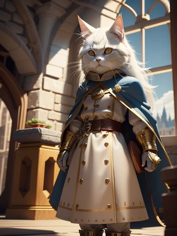 Standing cat in medieval knight costume. Grey and white long-haired breed with big yellow eyes. Blue and gold decorative uniform, red cape, gold buttons and decorations. Red belt with big gold buckle. Background features stone castles and buildings, with a bright view outside through a window. Realistic 3D rendering style, finely detailed textures. Warm atmosphere created by soft natural lighting.