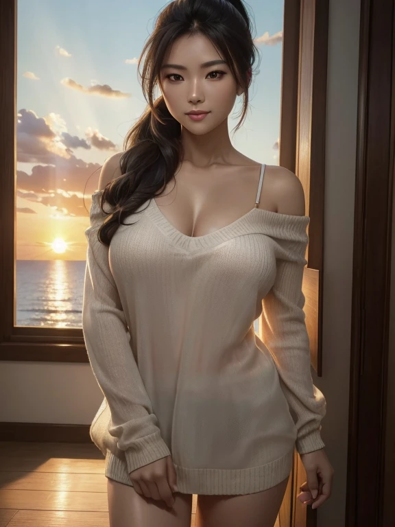 Top quality, Ultra HD, Extreme depiction, Maximum resolution, masterpiece, (surreal:1.4), (Dazzling sunset light:1.37), Ponytail, Japanese women, Detailed photos, Smile, sexly, Shiny lurex knitted shirt, Oversized knitted shirt, The chest cavity is open, Off-shoulder, Breast enlargement, Cleavage. My chest is a little protruding, Face the camera, full-body shot, (masterpiece: 1.3), (8K RAW Photos, surreal, Top quality: 1.4), (1 Girl), Pretty Face, (Realistic face), (Jet-black and shiny hair, long: 1.45, Beautiful hairstyle, Realistic eyes, eyes in beautiful detail, Clear amber eyes, (Realistic skin), Skin feels silky smooth, (I&#39;I am wearing a sweater), absurdes, attractive, Ultra-high resolution, surreal主义, HD, Golden Ratio