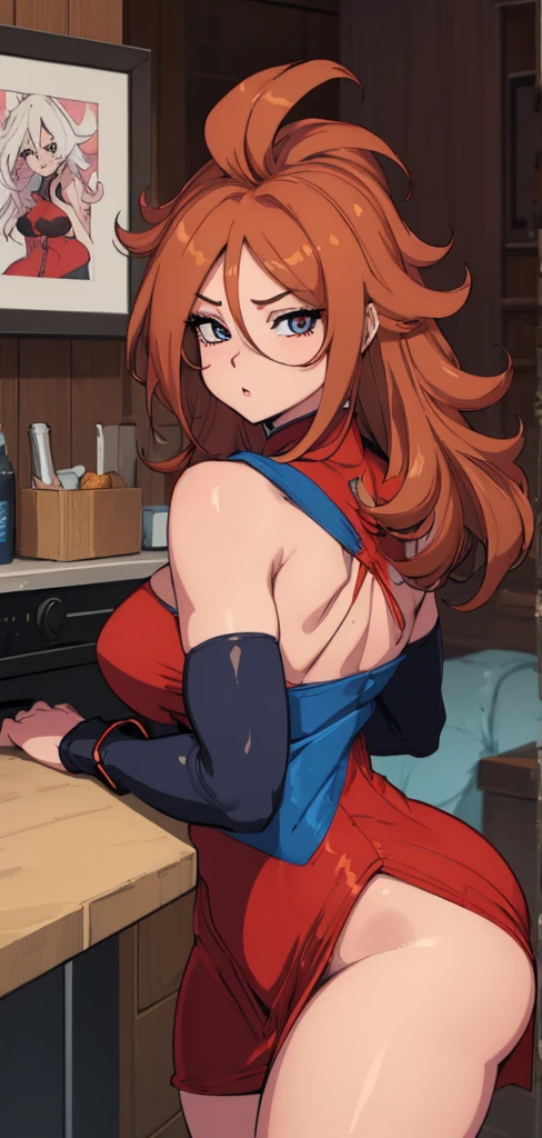 (best qualityer:1.3), android 21, ), busty, cleaveage, (chestnut hair), seductiv, rosto sensuous,  sensuous, curvy body, big-ass, (tight blue and red dress),  short dress, strong legs, strong bodie, brawny 