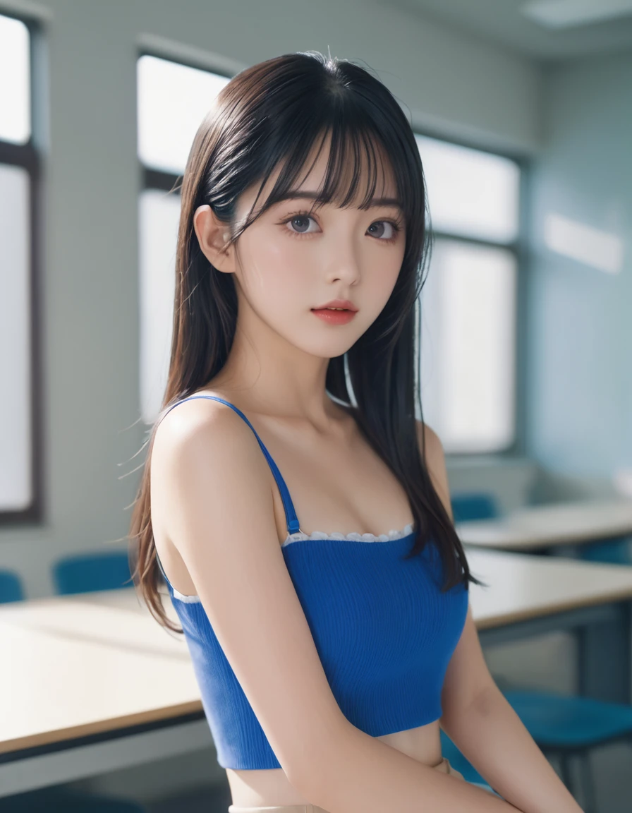 Very attractive pose, (In the classroom), (Classroom Background), (naked), Semi-rimless eyewear, Black Hair, Very long hair, ponytail,bangs,紫colorの目, 1 Girl, 20-year-old,young woman,beautiful Finger,beautiful long legs,beautiful body, beautiful Nose,beautiful character design, Perfect Eyes, perfect face,Expressive eyes, Perfect balance, View your viewers,(Focus on her face), Official Art,非常に詳細な CG ユニティ 8K 壁紙, Perfect lighting,colorful, bright_front_face_Lighting,White skin, (masterpiece:1.0),(Highest_quality:1.0), 超High resolution,4K,Super detailed, photograph, 8K, High resolution, High resolution, Absurd:1.2, 400 for Kodak Port, Film Grain, Blurred Background, Bokeh:1.2, Lens flare, (Vibrant_color:1.2),プロのphotograph, (beautiful,Huge_chest:1.4), (beautiful_face:1.5),(narrow_Waist),Undersized Bra