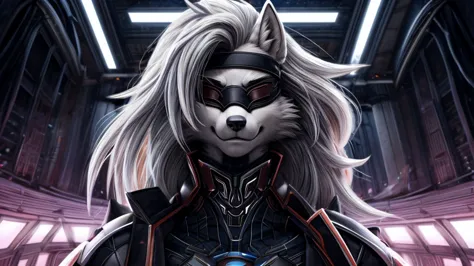 Loona from Helluva Boss, female white wolf, anthro, mature adult, short fluffy white hair, blindfold, white armored combat full ...