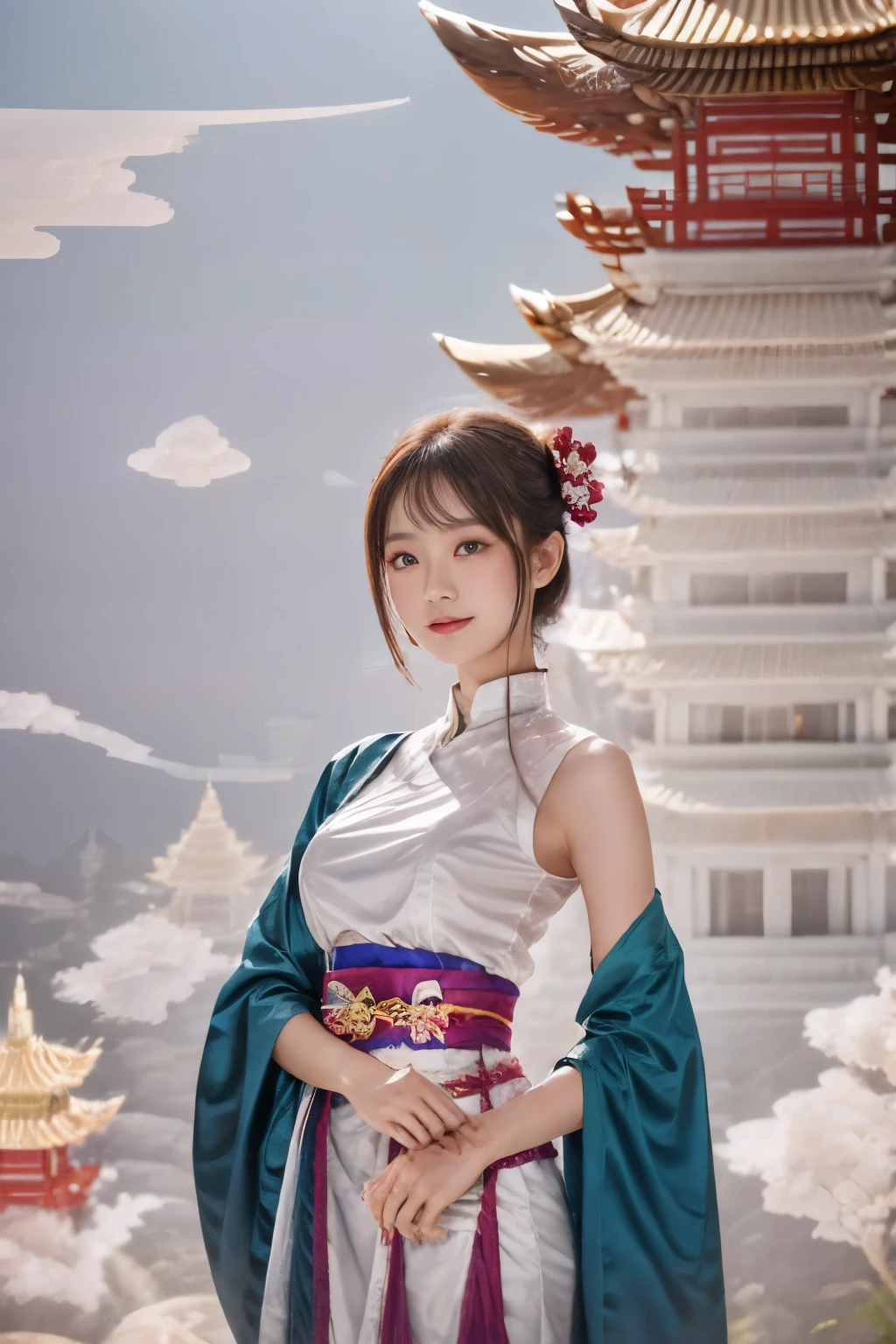 1 Girl,，pagoda，cloud，(masterpiece, best quality:1.2), Intricate details, Spirit Flower Soraka, 1 Girl, Purple Skin, Skin of color, Single speaker, kimono, Hair accessories, Bare shoulders, Smile