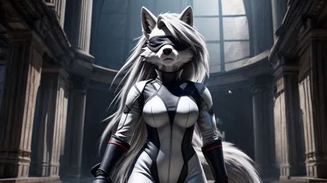 loona from helluva boss, female white wolf, anthro, mature adult, short fluffy white hair, blindfold, white armored combat full ...