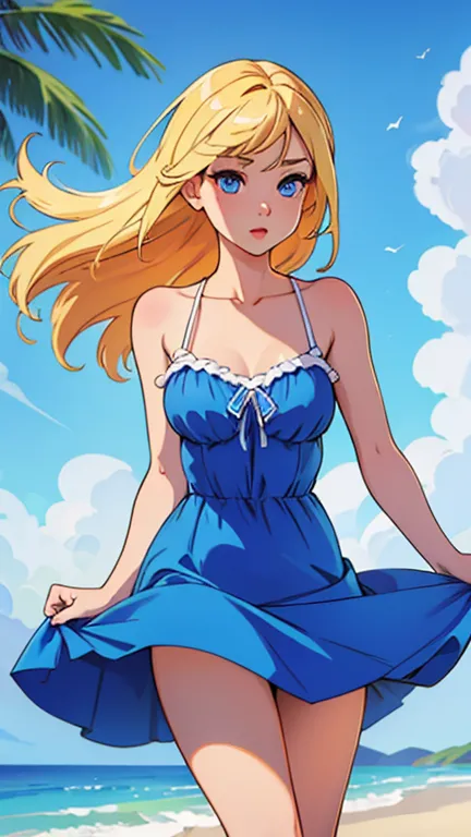 Sexy girl. Summer dress blowing in wind. Blonde. Bright blue eyes. 