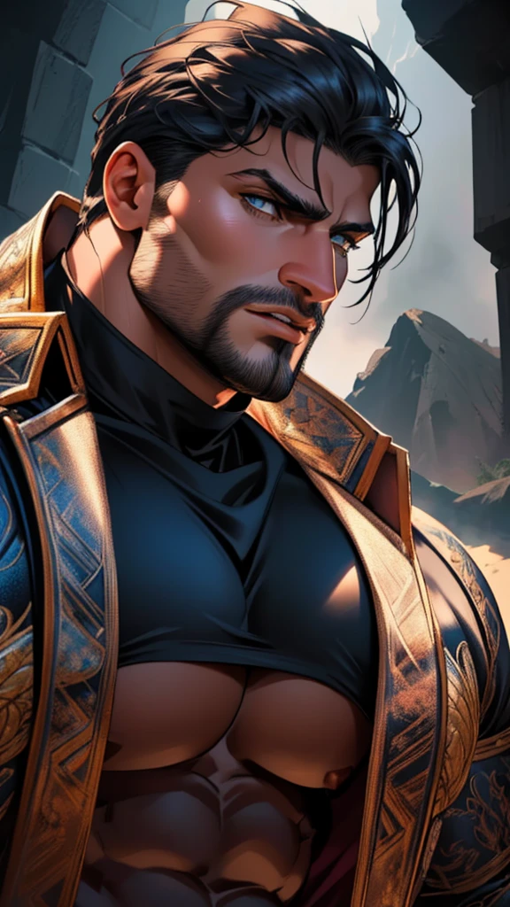 muscular bearded man, extremely detailed facial features, beautiful detailed eyes, beautiful detailed lips, extremely detailed face, large muscle pecs, highly muscular body, massive muscles, intricate muscle definition, chiseled physique, dramatic lighting, cinematic atmosphere, dark and moody, epic dark fantasy style, dramatic shadows, rich color palette, dynamic composition