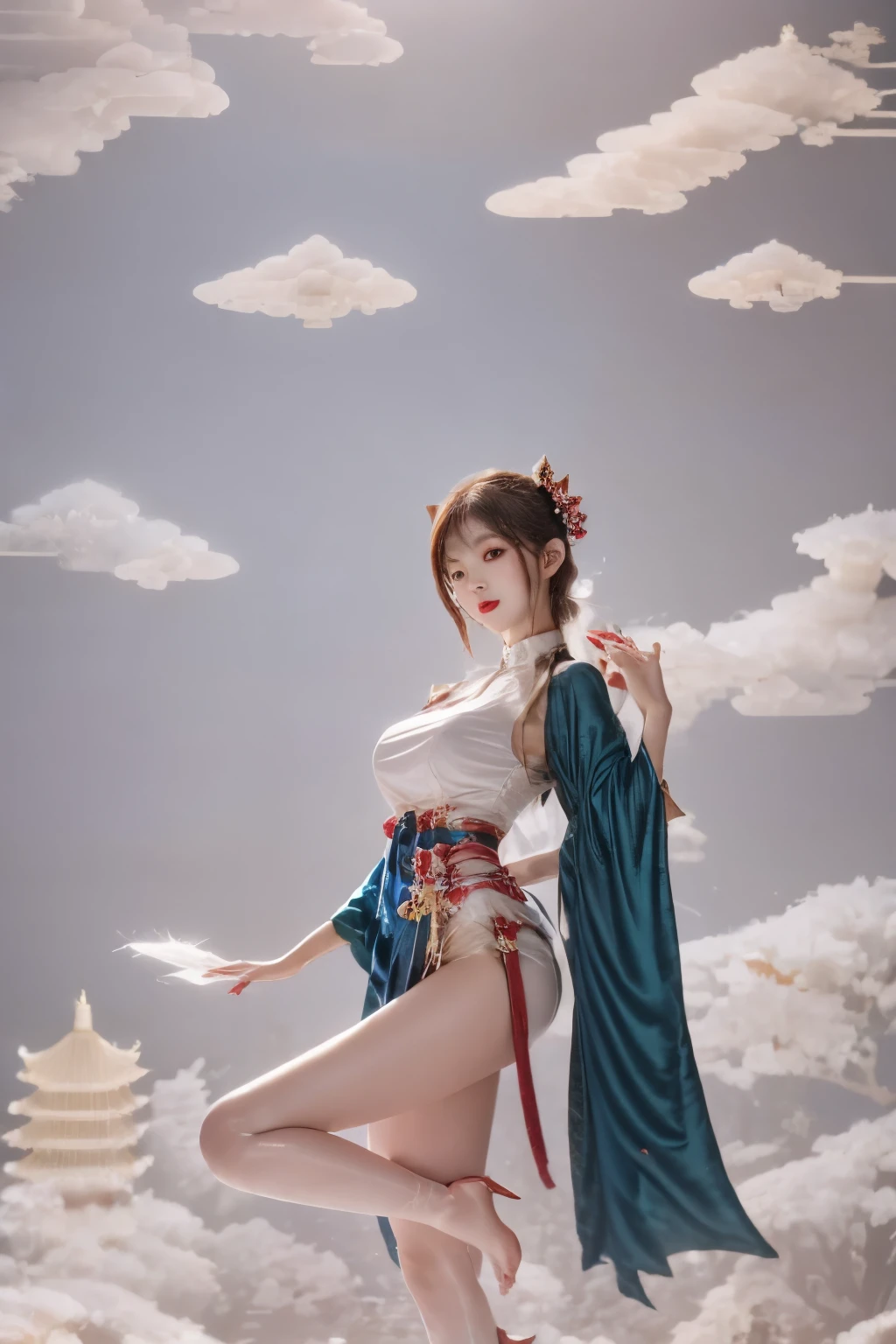 1 Girl,，pagoda，cloud，wet，MILF，Mature，plum bossom，Big breasts and thin waist，Long Law， solo，Open your legs，（Beautiful and detailed description of the eyes），（Extremely detailed，masterpiece，）Facing the camera，high resolution，Extremely detailed），Smiling，Exposing breasts，Exposed genitals， Convex，Legs open，性感Convex显，Camel toe，complexion，Desire Dissatisfaction，front，Correct anatomy，Delicate face, Delicate eyes，Warm smile，thick lips，Lengthen the eyes，Charming eyes，（Beautiful and detailed description of the eyes），Snow-white skin，Mature，Red lips（Very delicate and beautiful），Extremely detailed，masterpiece，））Laugh out loud，Open your mouth，barefoot，No shoes，（（（masterpiece），（Very detailed CG unity 8千 wallpaper），Best quality，light，Detailed background，美丽Delicate eyes，smart student，black eyes，Snow-white skin，Red lips（Very delicate and beautiful），（Beautiful and detailed description of the eyes），Extremely detailed，masterpiece，））Facing the camera，high resolution，Extremely detailed）