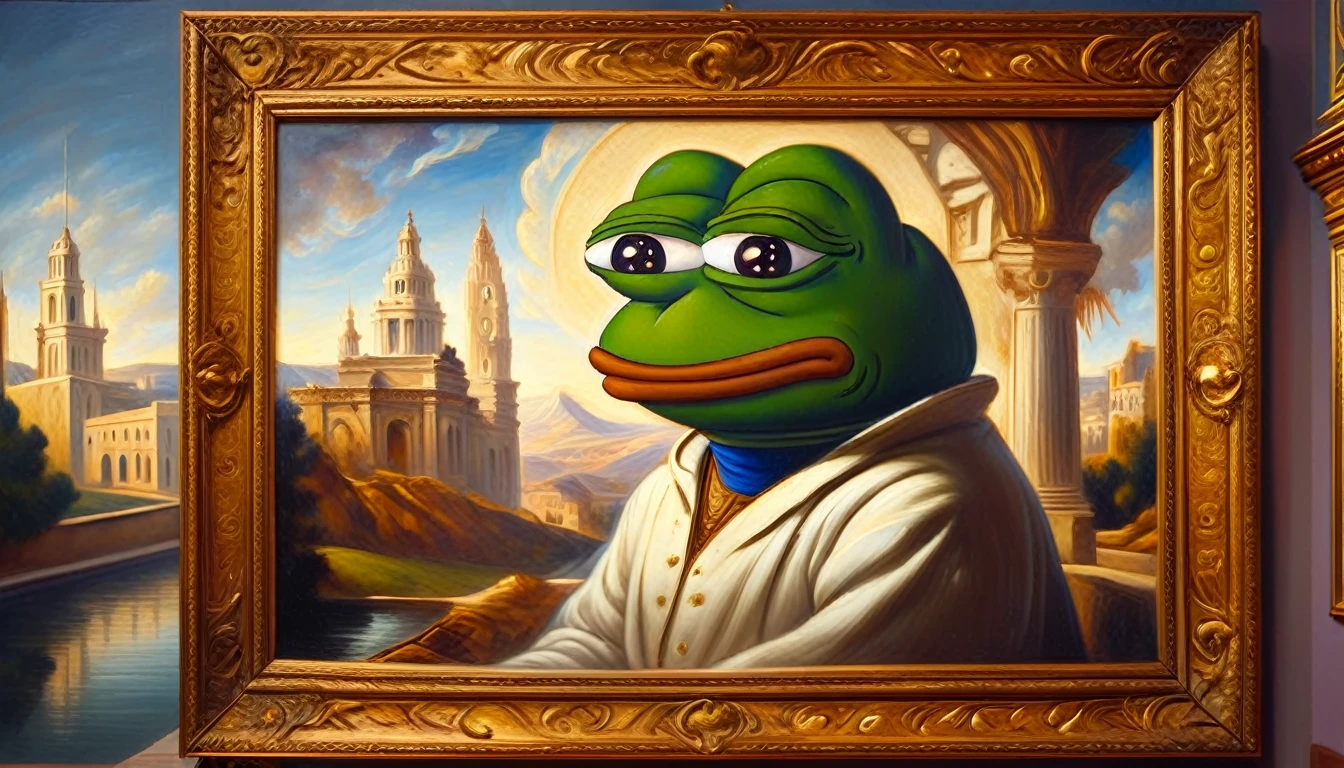 Pepe the frog, museum, beautiful painting by leonardo, hyperrealistic, 8k, masterpiece, highly detailed, intricate background, elegant lighting, dramatic composition, photorealistic, vibrant colors, soft textures, lifelike expression, whimsical atmosphere, frog anthropomorphized, museum interior, renaissance style, chiaroscuro lighting, oil painting, museum visitor, contemplative pose, ornate frames, detailed brushstrokes, classical elements, museum architecture