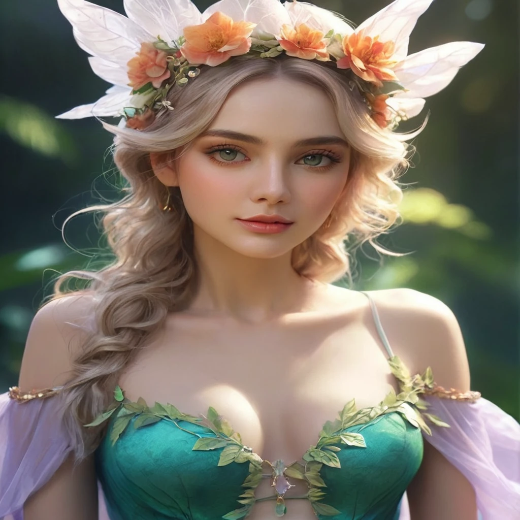 A woman in a green dress with a flower crown on her head, beautiful Fantasy Portrait, Digital fantasy art ), beautiful fantasy art portraits, Fantasy art style, Beautiful digital art, Fantasy Portrait, In the style of Urop, deviantart artstation cgscosiety, fantasy art portraits, Beautiful fantasy art, Beautiful fantasy maiden, Realistic Digital Art 4K, Realistic Digital Art 4K