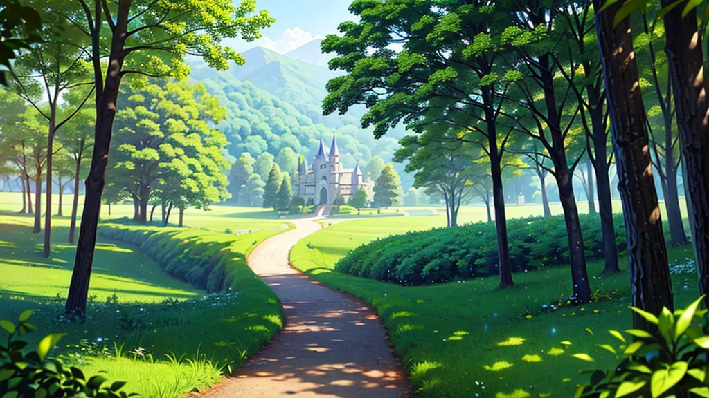 a path surrounded by a forest and trees to a castle that you see at the end