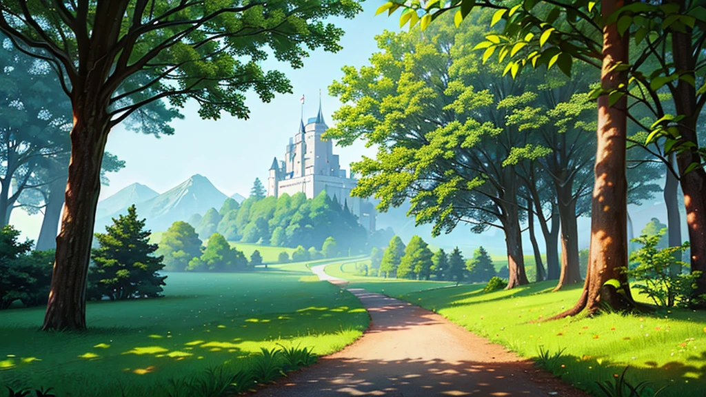 a path surrounded by a forest and trees to a castle that you see at the end