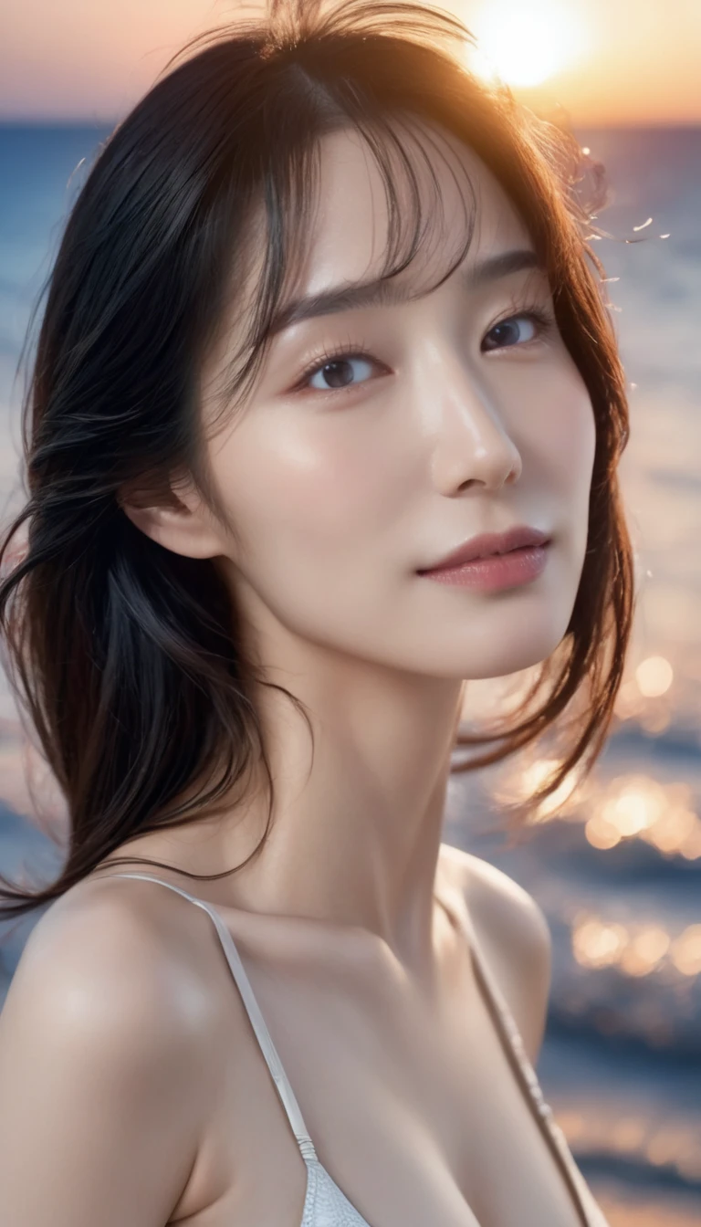 4K resolution, 8K resolution, beautiful, Highest quality, Absolutely wonderful, Very detailed, Ultra-high resolution, masterpiece, RAW Photos, Realistic, Depth of written boundary, Cinematic Light, 
One elegant mature woman, 
Long black hair, Beautiful face with exquisite details, A calm and loving face, 
Transparent white skin, Very sensitive skin, 
Great proportions, Glamorous Body, Anatomically correct body, Shapely large breasts, Shapely ass, Firm thighs, 
High leg swimsuit, Summery design, Beautifully detailed pattern, Detailed cloth texture, 
Night sky background, Dark sandy beach at night, 