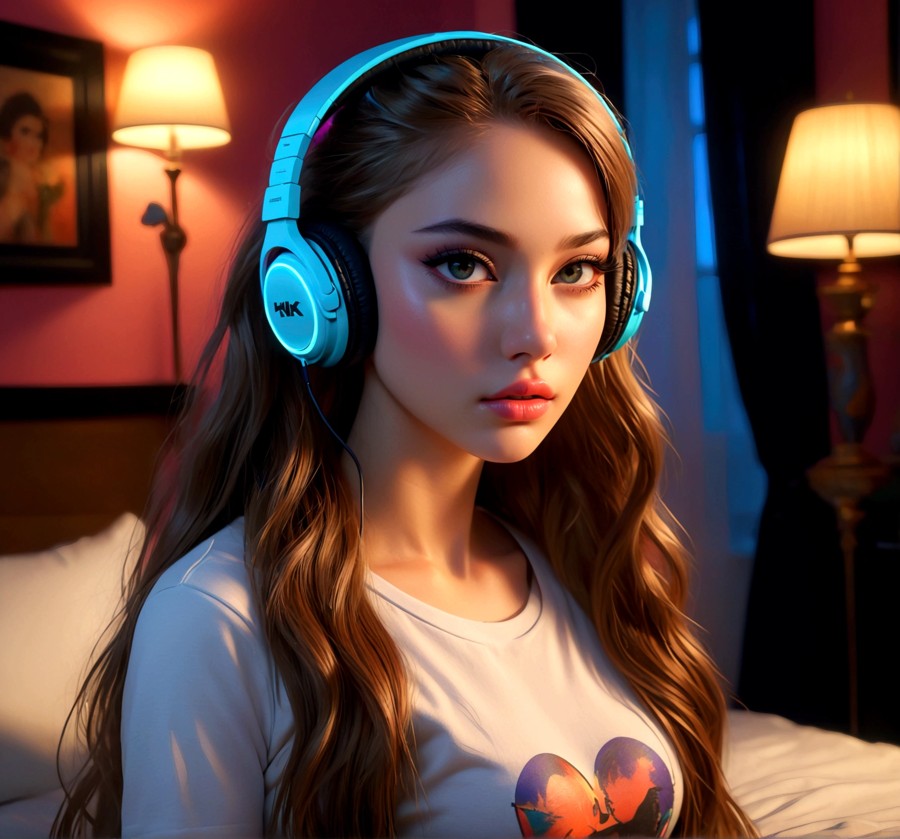 masterpiece, highest quality, beautifully, 1girl, extremely detailed face and eyes, long eyelashes, detailed lips, detailed hair, detailed outfit, headphones, bedroom, night, colorful, cinematic lighting, dramatic shadows, vibrant colors, volumetric lighting, photorealistic, 8k, hyper detailed, intricate details, (best quality:1.2), (realistic:1.37), (masterpiece:1.2) (Full Body Shot)