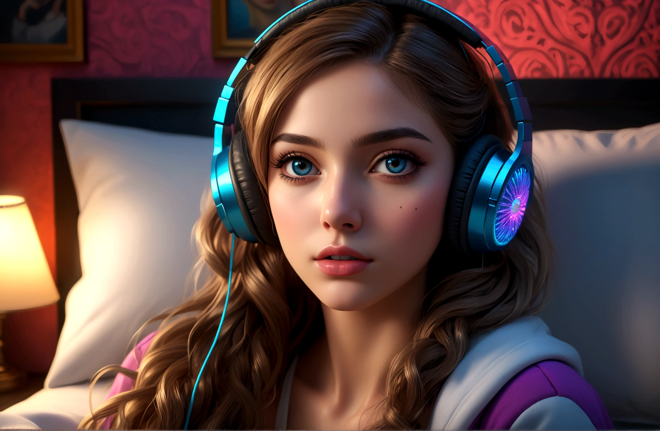 masterpiece, highest quality, beautifully, 1girl, extremely detailed face and eyes, long eyelashes, detailed lips, detailed hair, detailed outfit, headphones, bedroom, night, colorful, cinematic lighting, photorealistic, 8k, hyper detailed, intricate details, (best quality:1.2), (realistic:1.37), (masterpiece:1.2)