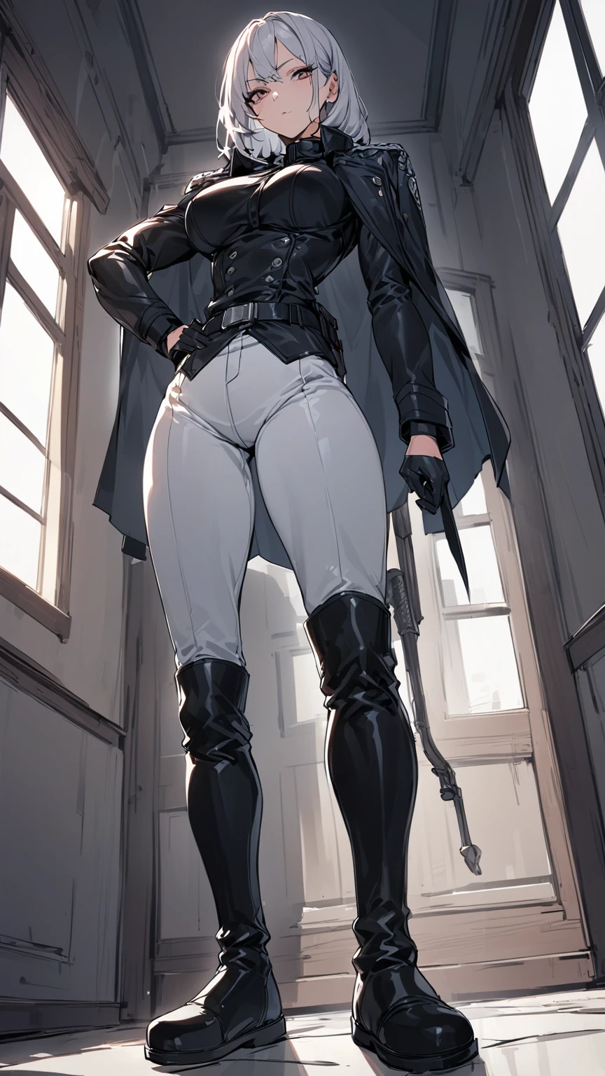 Mature female,adult,milf,  mature, 30 years old,woman,((solo)),(1girl),standing, full body, authority, leather outfit, dominant, (muscular), long sleeves, black gloves, double-breasted, (black knee-high boots:1.4), (white pants:1.2),devious, seductive, evil, confident,belt, cape, standing, bedroom, military uniform, looking at viewer, from below,clean floor,empty room,large windows,guard,warden,queen,commander, (smirk:0.33),tall,deadpan,