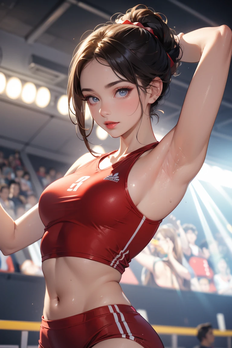 (Fotorrealist:1.4), (Masterpiece, Side light, Beautiful beautiful eyes: 1.2), Masterpiece*portrait, realist, 3D way, luminous eyes, shiny hair, shiny skin, alone, embarrassing, (Epigastric), 8K high resolution, armpit pose, armpit, armpit, Light that illuminates the armpits., masterpiece, Superior image quality, high resolution, Wrinkles under the armpits.:1.5, Under the armpits slimy, alone, red volleyball uniform, red uniform, high ponytail hairstyle, locker room, dressing room, alone la parte superior del cuerpo, armpit Light, a smile, a slight smile, Brown eyes, Detailed wrinkles in the armpits., axila realist, wet armpits, shiny armpits, armpits brillantes aceitadas, Stand directly towards us, raise both hands, puberty, sweaty face, red lipsticks, Athletics Stadium locker room, I&#39;m looking at your armpits, The navel is visible, (natural skin texture vibrant details, Híper realist), big breasts, huge breasts, huge breasts, low cut volleyball uniform, big oppai, sweaty breasts