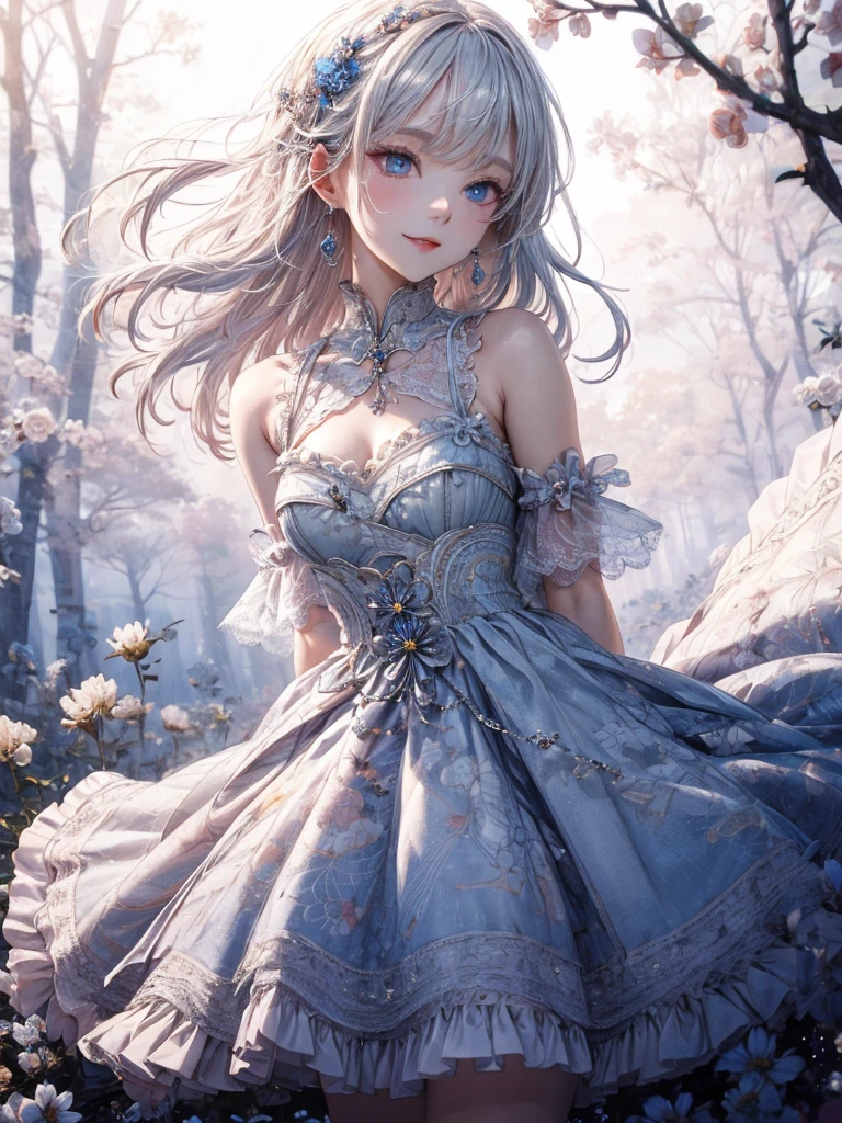 art by Cornflower,(​masterpiece),(top-quality:1.2),(perfect anatomy),((arms behind back)),(1 girl),beautiful detailed blue eyes,silver hair,white dress,(Highly detailed elegant), Detailed skin,Standing in a park full of white flowers,Add a dramatic and symbolic element to your scene, Silky to the touch,There is a mysterious and fascinating atmosphere,Through delicate lines and gorgeous colors,Make her beauty more vivid,Captivating smile