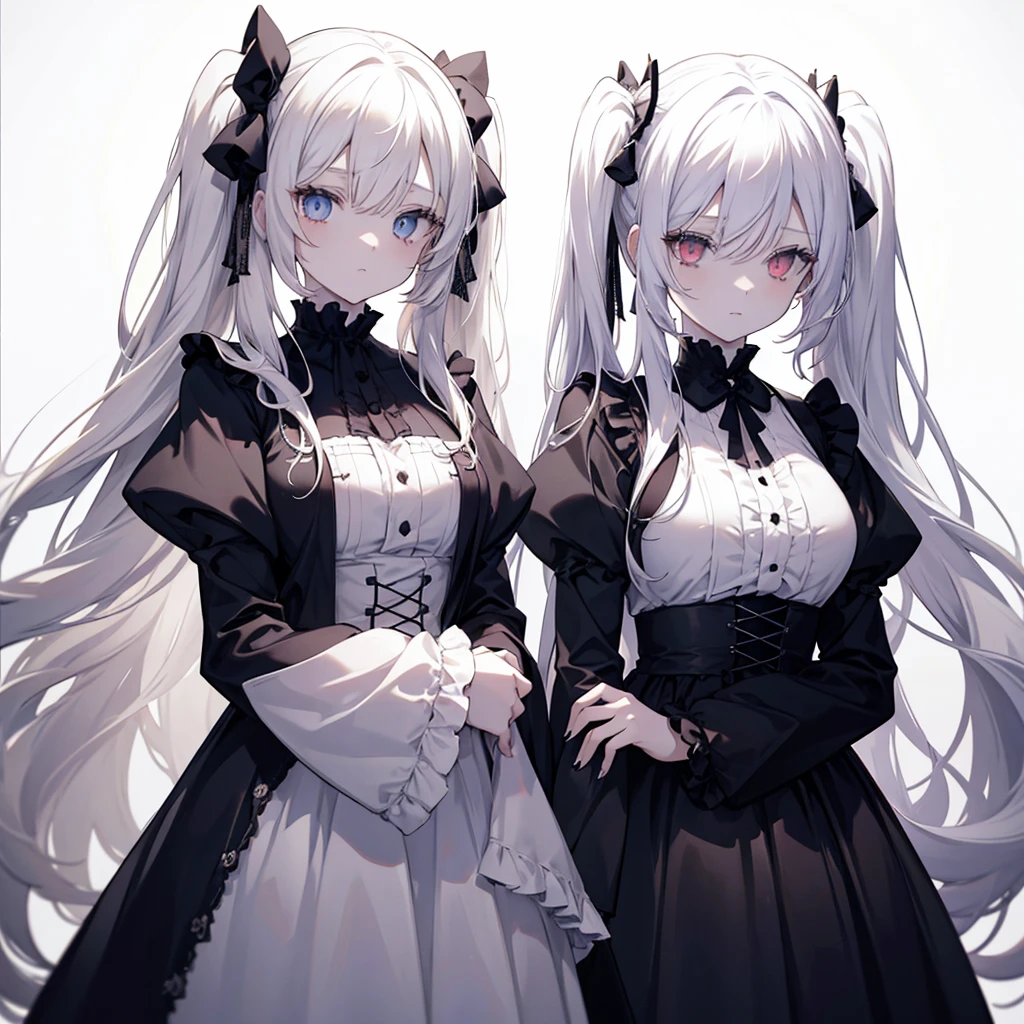 Two girls, red eyes and beige hair, blue eyes and white hair, twin tails, long hair, monochrome gothic fashion, white roses, white background,