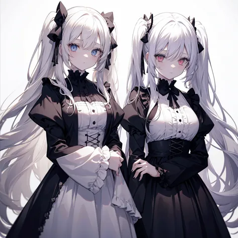 Two girls, red eyes and beige hair, blue eyes and white hair, twin tails, long hair, monochrome gothic fashion, white roses, whi...