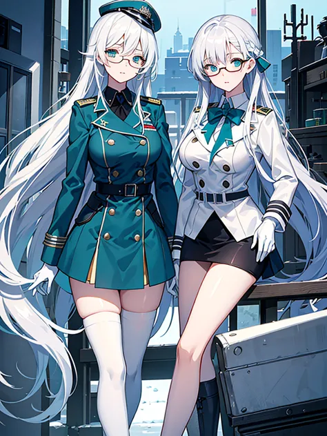 masterpiece, best quality, beautiful girl, white hair with blue inner color, emerald green eyes, dark blue military uniform, mat...
