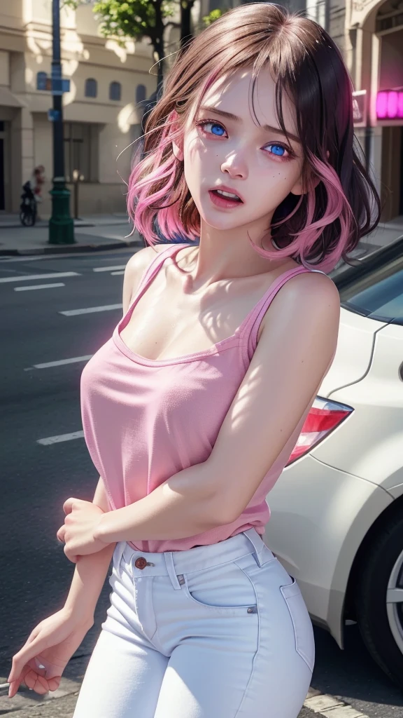 1girl, beautiful detailed eyes, horrified, scared, screaming, beautiful detailed lips, extremely detailed eyes and face, pink t-shirt, white jeans, standing on a street corner, award winning, intricate details, photorealistic, cinematic lighting, volumetric lighting, depth of field, beautiful face, striking pose, dynamic composition, vivid colors, warm tones, dragon