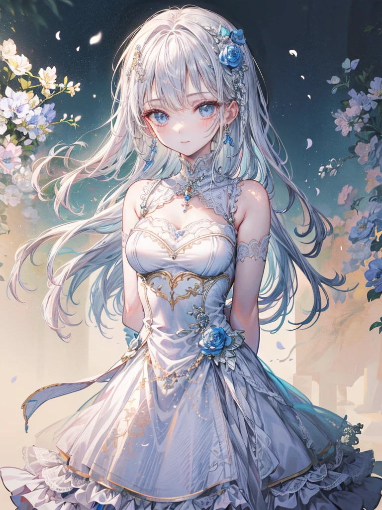 art by Cornflower,(​masterpiece),(top-quality:1.2),(perfect anatomy),((arms behind back)),(1 girl),beautiful detailed blue eyes,silver hair,white dress,(Highly detailed elegant), Detailed skin,Standing in a park full of white flowers,Add a dramatic and symbolic element to your scene, Silky to the touch,There is a mysterious and fascinating atmosphere,Through delicate lines and gorgeous colors,Make her beauty more vivid,Captivating smile