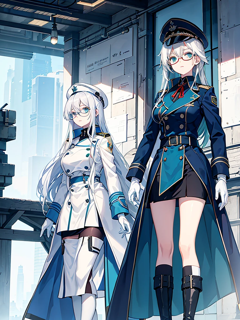 masterpiece, best quality, beautiful girl, white hair with blue inner color, emerald green eyes, dark blue military uniform, mature_female, eye_glasses, white gloves, anime, dark blue military hat, very_long_hair, perfect body, red ribbon, commander, science_fiction, black knee-high boots, white pencil skirt , cowboy_shot, best quality, large_breasts, ultra-detailed, high quality, modern military uniform, sci-fi, royal blue Trench Coat, one girl 