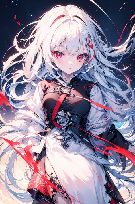 girl, white hair, red eyes, psychopathic, (best quality), detailed face, bloody