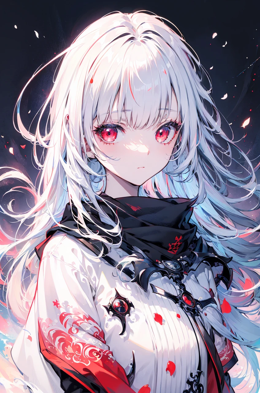 girl, white hair, red eyes, psychopathic, (best quality), detailed face, bloody