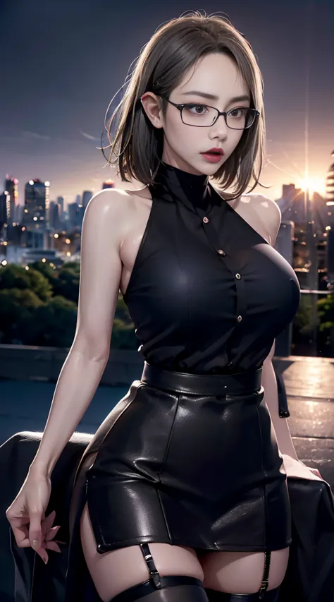 4k picture quality、最high qualityの傑作、Wearing thin silver glasses、Punk girl in black shirt, (Heavy makeup), Blurred city backgroun...